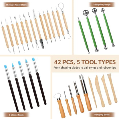 ALLVANA 42-Piece Pottery Tools, Clay Sculpting Tools with Roll-Up Bag