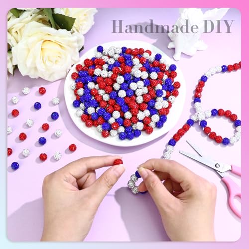 Dowarm 255PCS 10mm Rhinestone Beads for Baseball Rhinestone Necklace Bracelet Jewelry Making, Round Polymer Clay Beads for Crafts Beaded Pens, DIY Shamballa Pave Disco Diamond Bead, White|Red|Blue - color: 03-White | Red | Blue