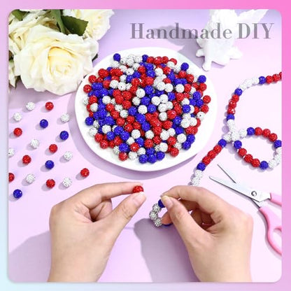 Dowarm 255PCS 10mm Rhinestone Beads for Baseball Rhinestone Necklace Bracelet Jewelry Making, Round Polymer Clay Beads for Crafts Beaded Pens, DIY Shamballa Pave Disco Diamond Bead, White|Red|Blue - color: 03-White | Red | Blue