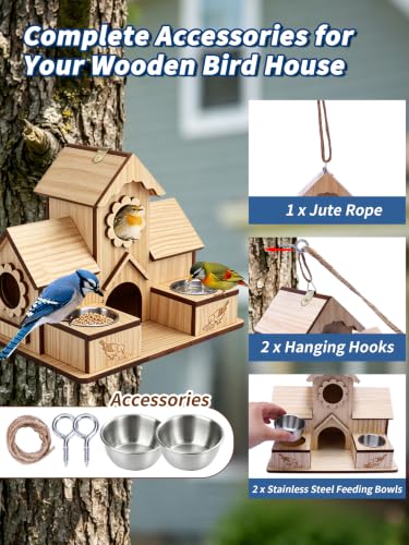 4-Hole Birdhouse for Outside with Feeding Tray, Cedar Wood