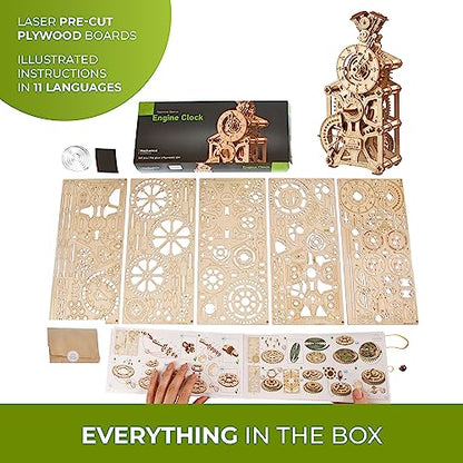 UGEARS Engine Clock, 3D Puzzle, 11.8-inch Height, Mechanical Clock Kit with Moving Pistons, Steam Engine Kits, Clocks Kits for Do It Yourself, Brain Teaser 3D Puzzle