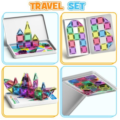 42PCS Mini Magnetic Tiles Travel Set with Iron Storage Box - Portable STEM Building Blocks for Kids 3-8, Montessori Educational Magnet Toys for Airplane, Car Rides & On-The-Go Play - size: Mini