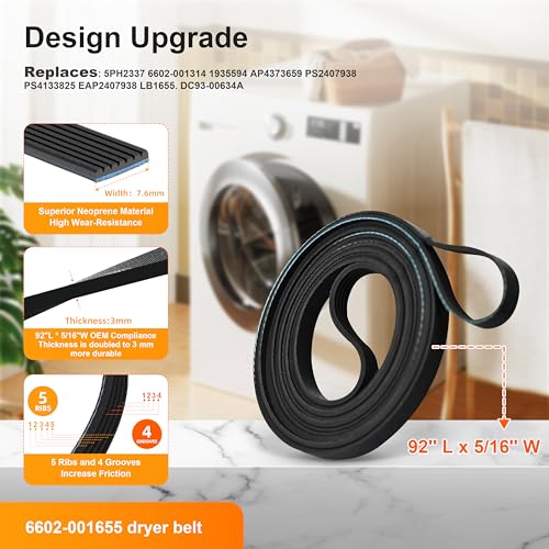 Upgraded Samsung Dryer Parts Dryer Repair Kit for DC97-16782A Samsung Dryer Roller Replacement Kit, DC93-00634A Dryer Idler Pulley, 6602-001655/5ph2337 Dryer Belt, Replacement for DV40J3000EW/A2 Parts