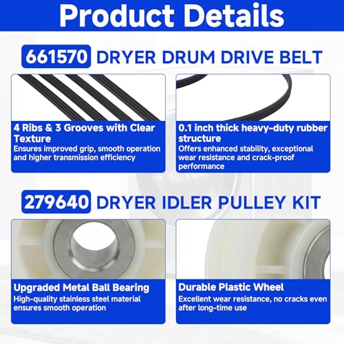 Dryer Idler Pulley Kit 661570 279640 W10837240 for Whirlpool Kenmore Maytag