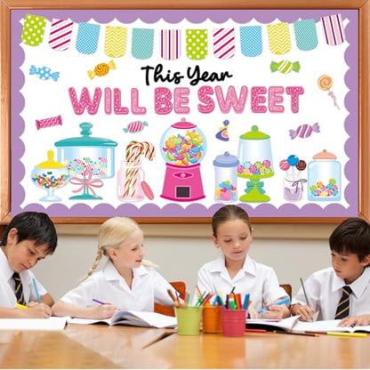 QOUBAI Candy Bulletin Board Set Sweet Theme Classroom Bulletin Board Decorations Pink Gumball Machine Cutouts Classroom Decorations for Back to School Office Home Chalkboard Decor Wall Door - style: Candy
