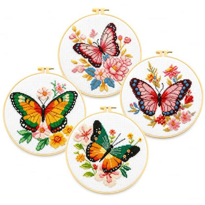 Zhenqing 4 Butterfly Floral Cross Stitch Kit, 11CT Printed Fabric with Hoop - color: 4 Butterfly Kit