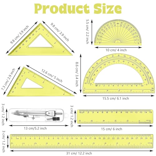 Zonon 7 Pcs Geometry Set with Drawing Compas, 6&4 Inch Protractors, Yellow - color: Yellow