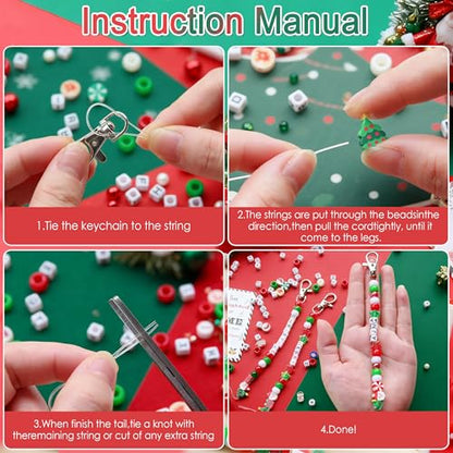 Tuhangcc 823 Pcs DIY Keychain Making Kit，Adjustable Letter Alphabet Beads Strings,Keychain Christmas Colors Pony Beads, 16 Charm Cards with Lobster Clasps & Strings for Christmas Favors - color: Christmas