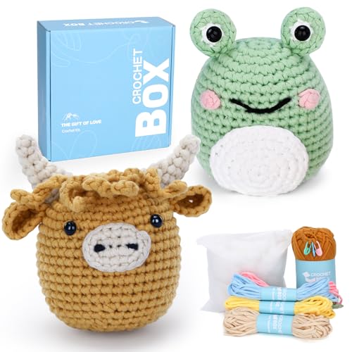 CrochetBox Highland Cow and Frog Crochet Kit for Beginners, 2 PCS Set - color: 2 PCS Highland Cow and Frog