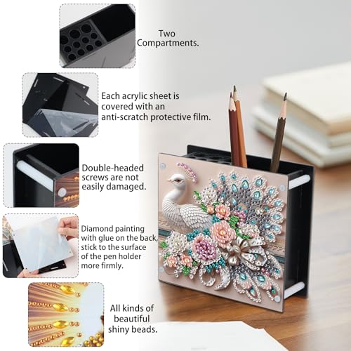 DIY 5D Acrylic Diamond Painting Pen Holder, Elegant Peacock Desk Organizer with Beads, Crystal Rhinestones Diamond Art Pencil Organizer for Home, Office & Gift - color: Peacock