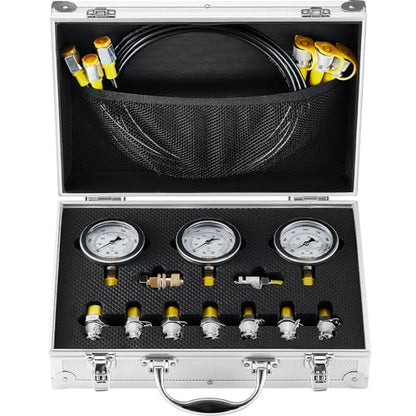 Hydraulic Pressure Test Kit, 250/400/600bar, 3 Gauges 9 Test Couplings 3 Test Hoses, Excavator Hydraulic Test Gauge Set with Portable Carrying Case for Excavator Tractors Construction Machinery - style: 3 Gauges 9 Test Couplings