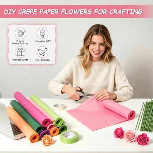 Crepe Paper Streamers 10 Rolls–Pastel Paper Flower Kit with 100 Stems&Tools - color: Pink