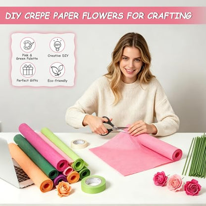 Crepe Paper Streamers 10 Rolls–Pastel Paper Flower Kit with 100 Stems&Tools - color: Pink