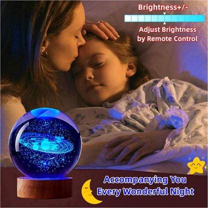 3D Solar System Crystal Ball Lamp with Remote Control, 3.15 inch Galaxy Crystal Night Light with Wooden Base 16 Colors Change, Glass Planet Figurine Lamp Gift for Girls Boys Wife Mom (Solar System) - color: Solar System