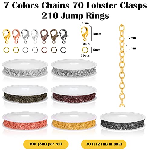 70Ft Jewelry Making Chains, 7 Colors 2mm Necklace Chains for Jewelry Making
