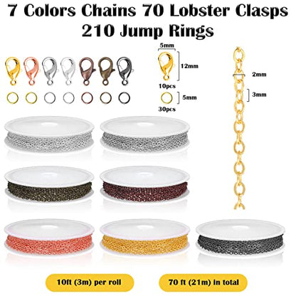 70Ft Jewelry Making Chains, 7 Colors 2mm Necklace Chains for Jewelry Making
