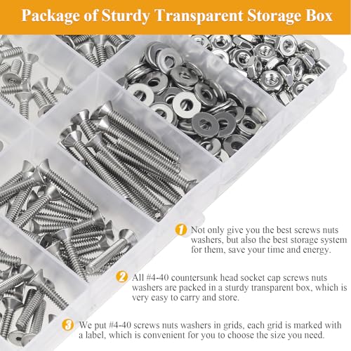 254 Pieces #4-40 x 3/16", 1/4", 5/16", 3/8", 1/2", 5/8", 3/4", 1", Countersunk Head Socket Cap Screws Nuts Washers Assortment Kit - size: #4-40, style: Countersunk Head Socket Cap