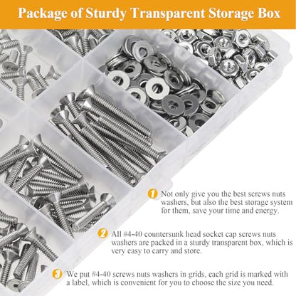 254 Pieces #4-40 x 3/16", 1/4", 5/16", 3/8", 1/2", 5/8", 3/4", 1", Countersunk Head Socket Cap Screws Nuts Washers Assortment Kit - size: #4-40, style: Countersunk Head Socket Cap