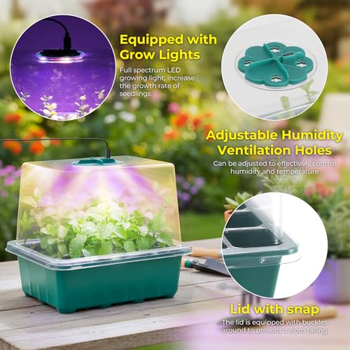 Seed Starter Tray with Grow Light, 6pcs Seed Starter Kits with Light and Humidity Domes, Timing Controller & Adjustable Brightness & 3 Light Mode, Indoor Seedling Starter Plant Germination Trays