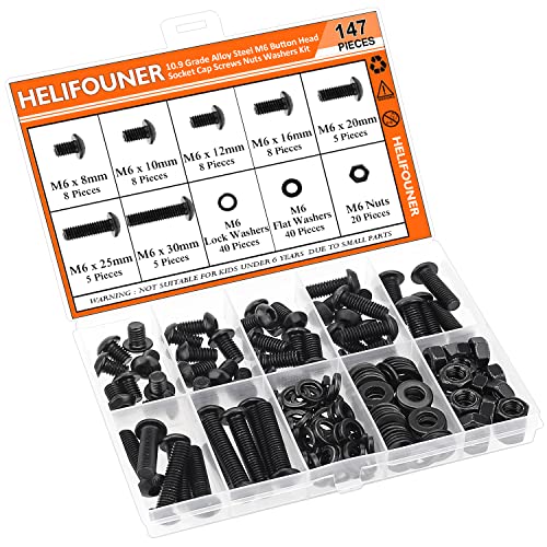 HELIFOUNER 147 Pieces M6 x 8mm /10mm /12mm /16mm /20mm /25mm /30mm, Button Head Socket Cap Screws Bolts Washers Nuts Kit, 10.9 Grade Alloy Steel, Full Threaded, Black - size: M6, style: Button Head