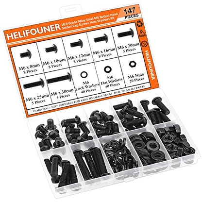 HELIFOUNER 147 Pieces M6 x 8mm /10mm /12mm /16mm /20mm /25mm /30mm, Button Head Socket Cap Screws Bolts Washers Nuts Kit, 10.9 Grade Alloy Steel, Full Threaded, Black - size: M6, style: Button Head