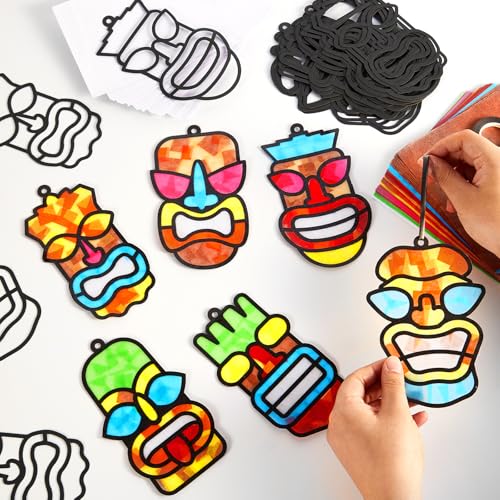Qyeahkj 36 Set Tiki Theme Suncatchers Craft Tropical Hawaii Suncatchers Craft Kit Summer Luau Window Tissue Paper kit Window Hanging Decoration for Home Art Project Party Favor Gift - style: Tiki