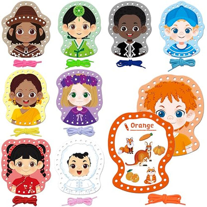 SpriteGru 9 Pieces Happy Face Lacing Cards, 9 Double Sided Color Sewing Cards with 9 Colorful Laces, Educational & Learning Activity Games, Imagination Development Lacing Toys for Preschoolers, Kids - color: Happy Face