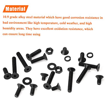 HELIFOUNER 380 Pieces M4 x 6mm /8mm /10mm /12mm /16mm /20mm /25mm, Countersunk Head Socket Cap Screws Bolts Washers Nuts Kit, 10.9 Grade Alloy Steel, Full Threaded, Black - size: M4, style: Countersunk Head