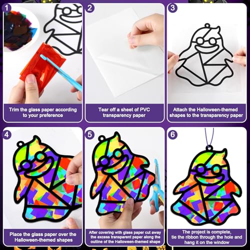 32 Sets Halloween Suncatchers Craft Kit DIY Window Stained Glass Effect Ghost Spider Skull Pumpkin Paper Crafts Home School Classroom Decoration Kid Birthday Gift Creative Art Project Activity Game - style: Halloween