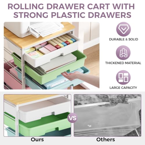 SYKIARIOL 5-Tier Rolling Cart with Drawers with Wooden Top, Ice Cream - color: Ice Cream