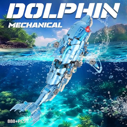 Mechanical Blue Dolphin Building Blocks Linkage Kit, Sea Animal Model with Lighting, Display Stand, STEM Power Motor Toy, DIY Desktop Ornament for Kids & Adults Ages 12+, Birthday Gift Idea - color: Blue Dolphin