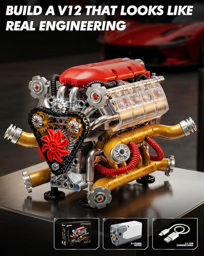 JSINMA V12 Engine Model Kit that Runs, Motorized Mechanical Building Set for Adults with Visible Moving Pistons, Transparent Side Cover, Desk Display Gift for Car Lovers, 620 Pieces
