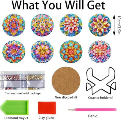 XUCNWL Flowers Diamond Art Coasters Kit for Adults, 8 PCS, 4X4 Inch - color: Flower-1