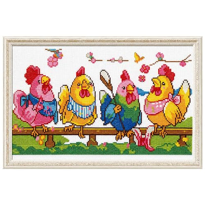 Zhenqing Knitting Chickens Stamped Cross Stitch Kit, 11CT Printed Pattern on White Cotton Fabric, Farmhouse Chicken Decor - color: Funny Knitting Chickens