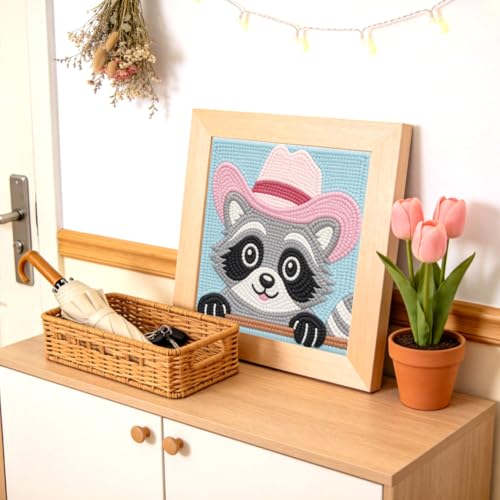 Doodlream Pink Hat Raccoon Needle Kit for Beginner, 9.4"x 9.4" Cute Animal Punch Stitching Craft Set, Color DIY Embroidery Starter with Printed Frame, Instruction, Threader, Yarn, Pinch Needle - color: Raccoon