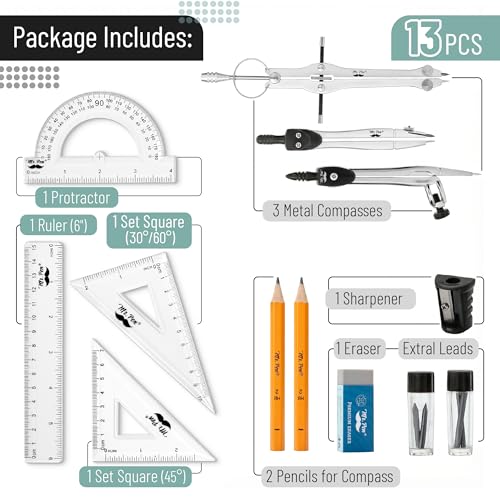 Mr. Pen- Geometry Set, 13 pcs, 3 Metal Compasses, Protractor, 6" Ruler - color: Black