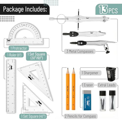 Mr. Pen- Geometry Set, 13 pcs, 3 Metal Compasses, Protractor, 6" Ruler - color: Black