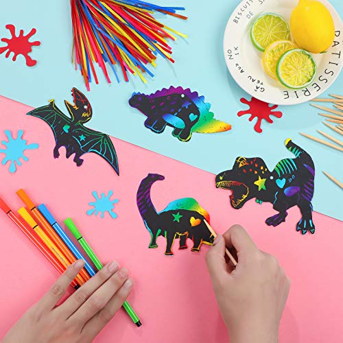 Outus 120pcs Scratch Dinosaur Craft Art Kits for Kids with 48 Scratch Dinosaur Paper24 Wooden Styluses and 48 Ribbons for Theme Birthday Party Game Supplies - size: Medium