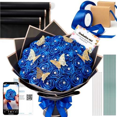 Caydo Royal Blue Ribbon Rose Bouquet for Gifts - color: Royal Blue