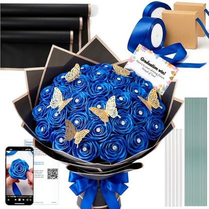 Caydo Royal Blue Ribbon Rose Bouquet for Gifts - color: Royal Blue