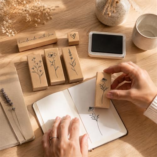 6pcs Wooden Rubber Floral Stamps Set, Crafting, Scrapbooking - color: 6pcs Floral