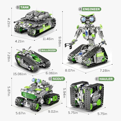 DOLIVE 5 in 1 STEM Robotics Kit, Building Block Set for Kids Ages 8-14, Remote Control and App Controlled Robot/Tank/Transporter/Scout/Engineering Vehicles, Birthday Gift for 8 9 10 11 12+ Years Old