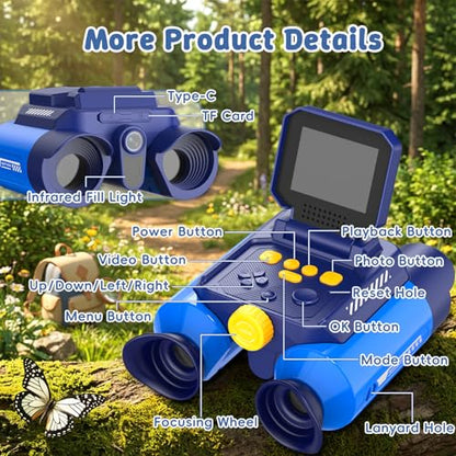 Kids Binoculars with Night Vision Camera, 10X Zoom Digital Adventures Telescope with 2.4" IPS Screen, Nature Explorer STEM Toys for Bird Watching Camping, Gifts for Boys Girls Age 4-12 - Blue - color: Blue