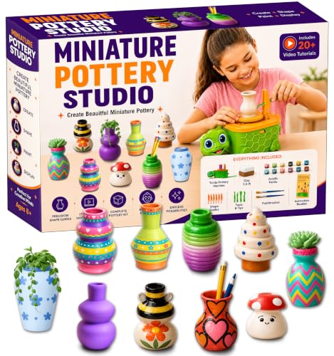 Precision Mini Pottery Wheel for Kids – Mini Pottery Kit with Strong Motor, Air Dry Clay & 6 Precision Shape Guides – Create Miniature Vases, Bowls & Candle Holders – Pottery Kit for Kids Ages 8-12