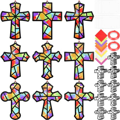 Renbuzhu 48PCS Sunday School VBS Crafts Bulk: Paper Cross Nativity Suncatchers, Jesus Religious Christian Activity DIY Kits Church Decorations, Window Stained Glass Effect Art Supplies - style: religious cross