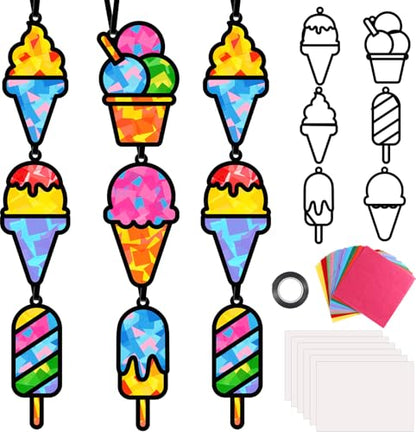 Qyeahkj 36 Set Ice Cream Suncatchers Crafts for DIY Dessert Window Tissue Paper Crafts Kit Summer Sweet Suncatcher Hanging Decor for Summer Home Activity Art Project Birthday Party Favor Gift - style: Ice Cream