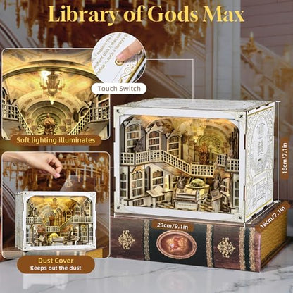 MiniCity Library of Gods Book Nook Kit, DIY Wooden Miniature Scene with LED - color: Library of Gods Max