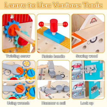 Toddler Tool Kit - 33 PCS Montessori Toddlers Tool Box, Kids Pretend Play Tool Set Age 2-4, STEM Educational Toys for Age 3, Wooden Construction Toys, Boys Birthday Gift 2,3,4,5 Year Old (House)