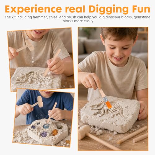 DOITOOL 9 Pcs Wooden Excavation Tools for Kids, Dinosaur Dig Kit with Mini Hammer Chisel Brush Scraper, Stem Science Gemstone Toys