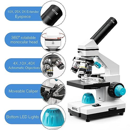 HSL 40X-2000X Monocular Compound Microscope Kit for Students Adults,Dual LED Powerful Biological Microscopes Set for Laboratory School Education Science Beginner 1000x 2000x